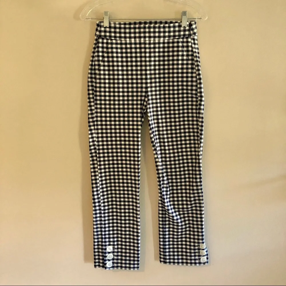 J. Crew Navy Blue and White High Waisted Cropped Gingham Pants